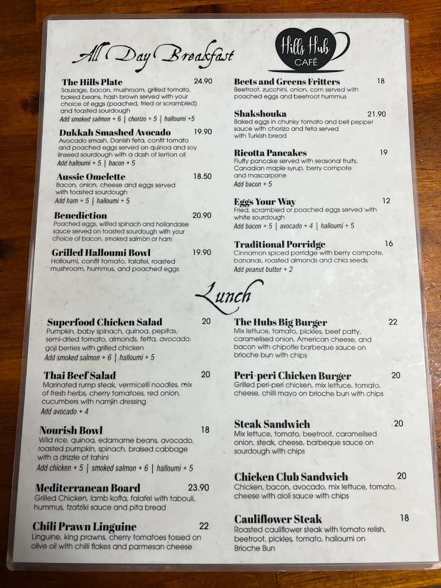 Menu, The Hills Hub Cafe