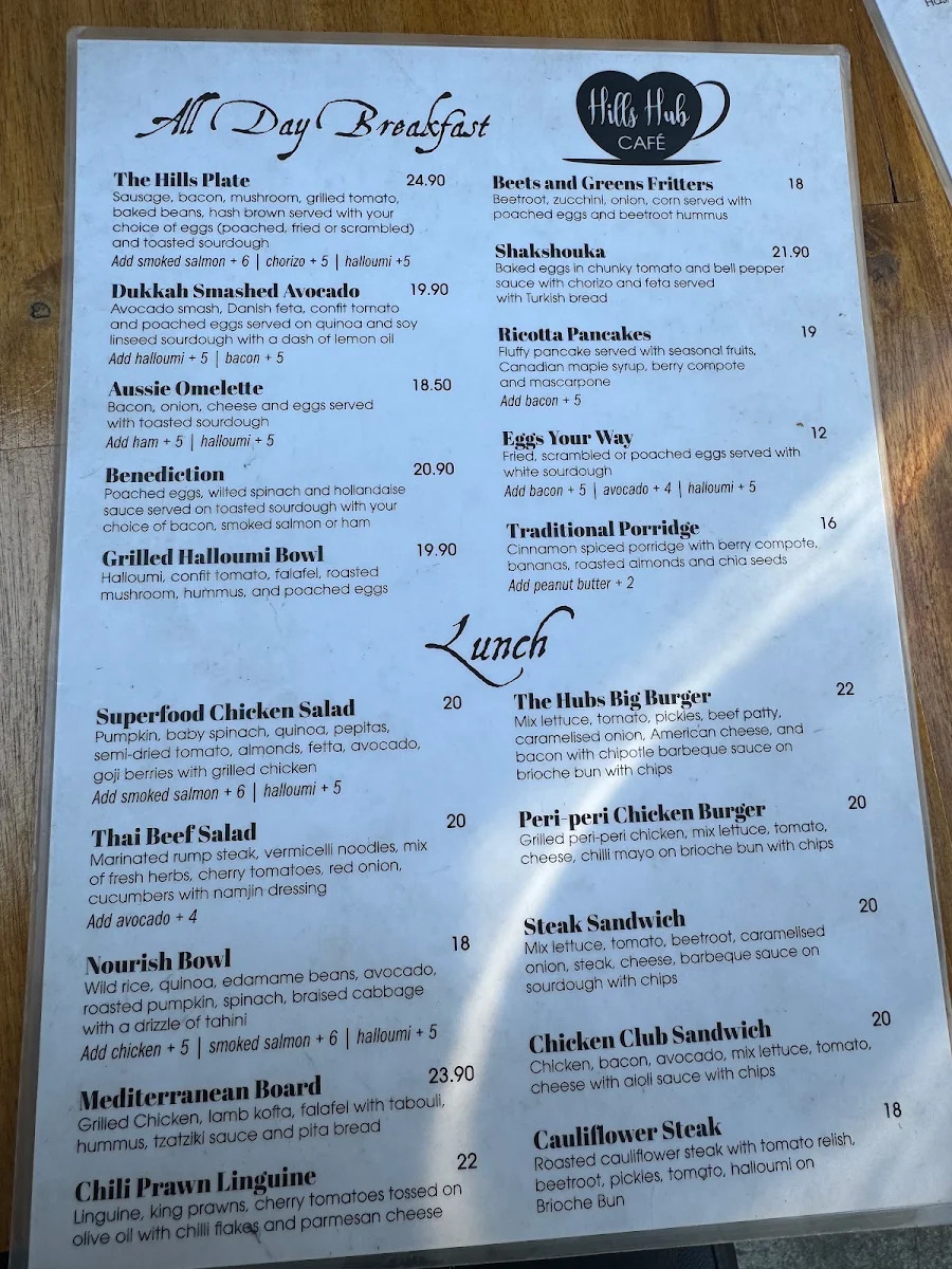 Menu, The Hills Hub Cafe