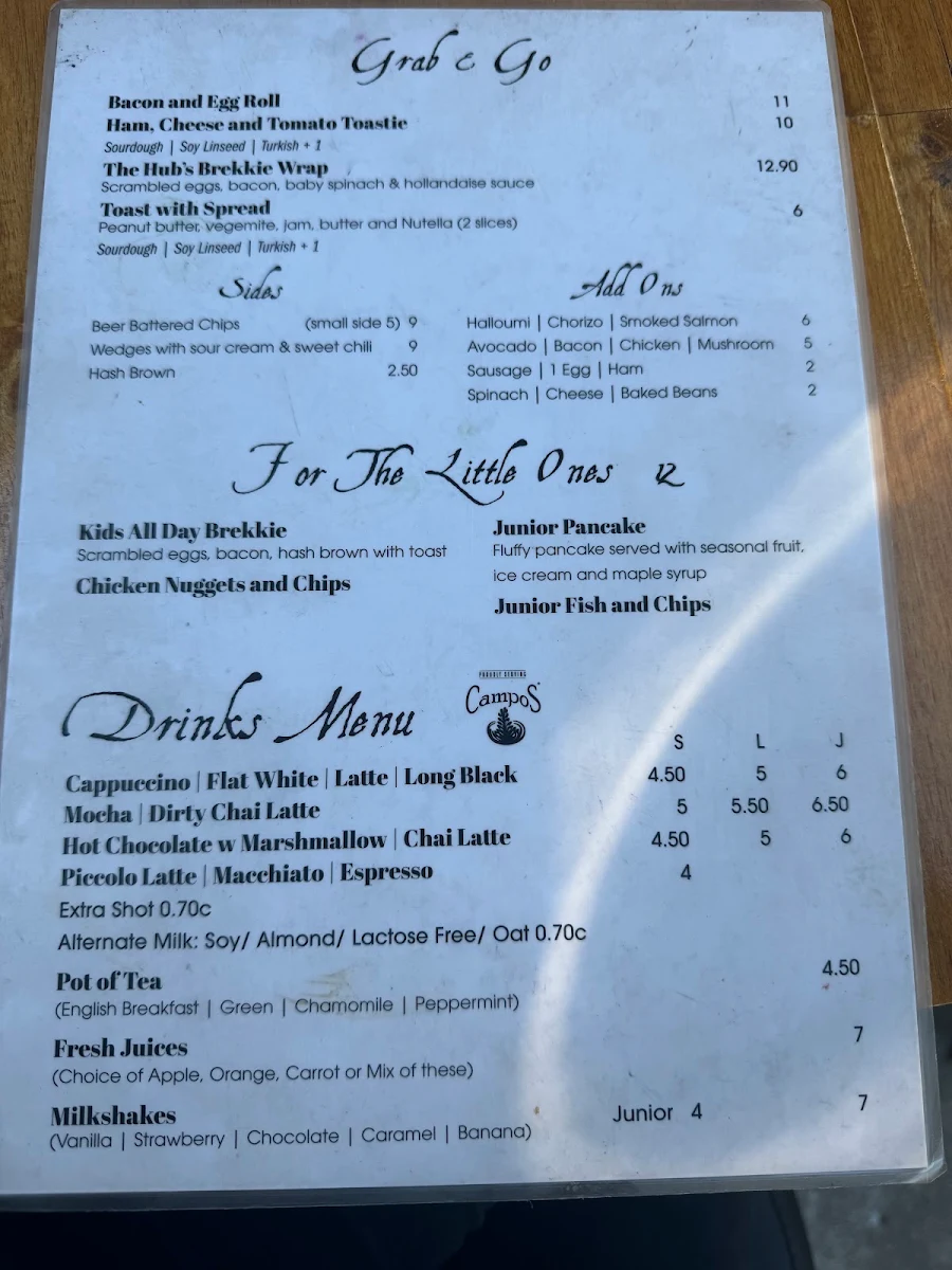 Menu, The Hills Hub Cafe