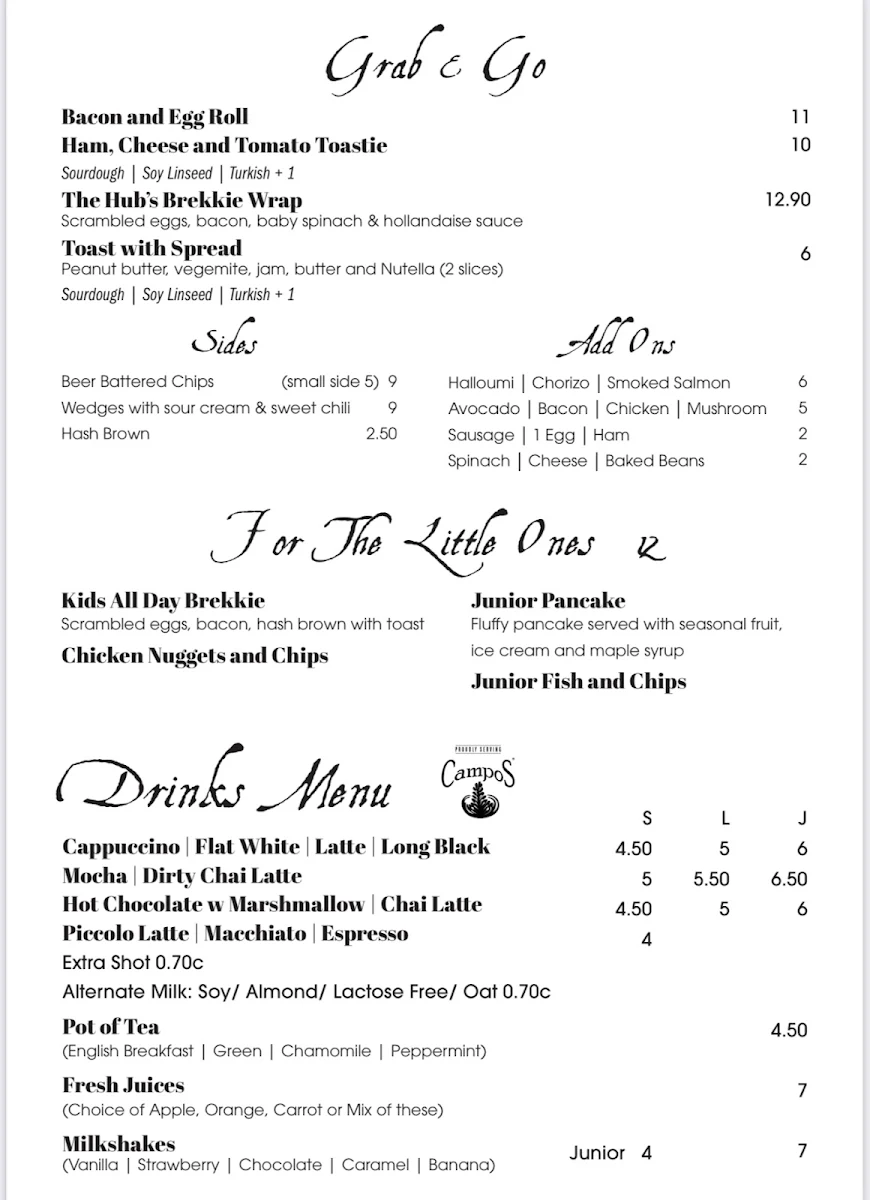 Menu, The Hills Hub Cafe