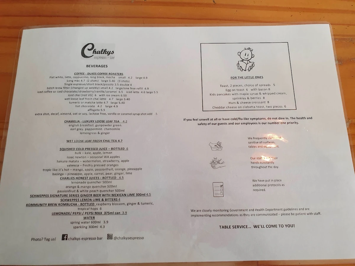 Menu, Chalkys Espresso Bar