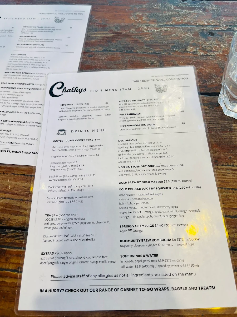 Menu, Chalkys Espresso Bar