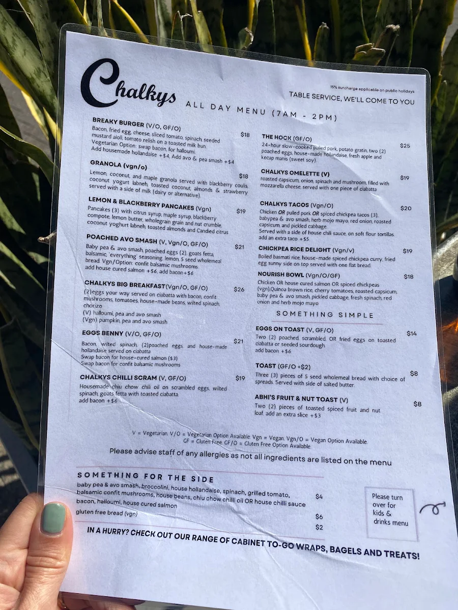 Menu, Chalkys Espresso Bar