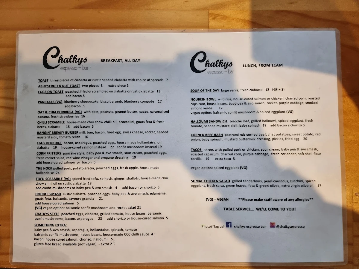 Menu, Chalkys Espresso Bar