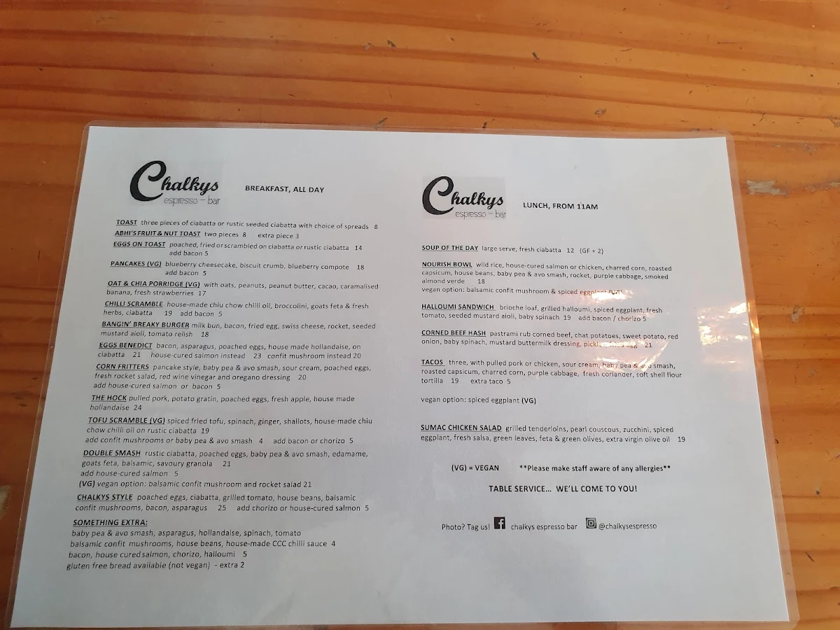Menu, Chalkys Espresso Bar