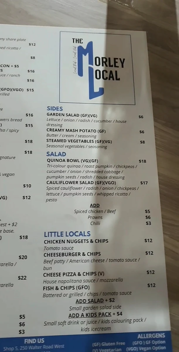 Menu, The Morley Local
