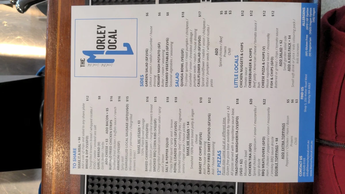 Menu, The Morley Local