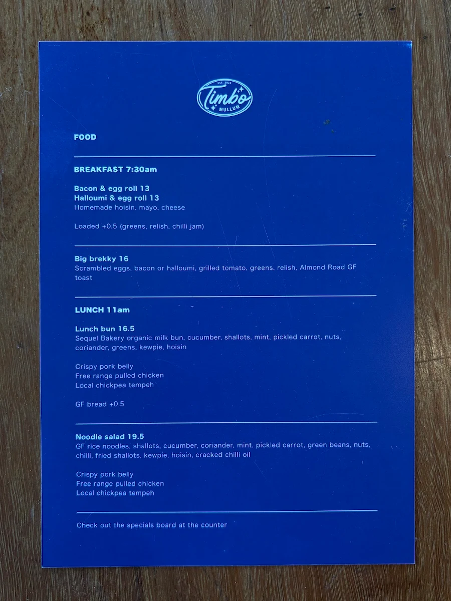 Menu, Timbo Mullum