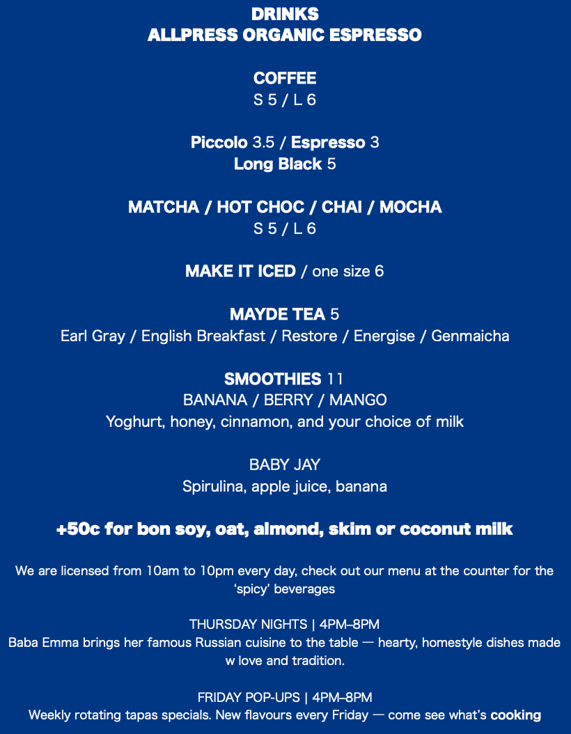 Menu, Timbo Mullum