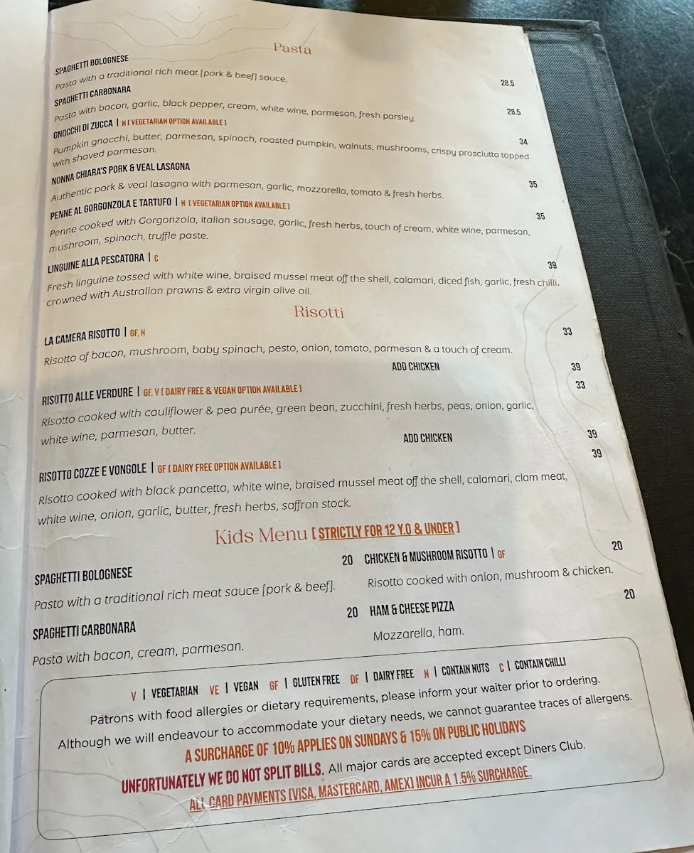 Menu, La Camera, Italian Restaurant