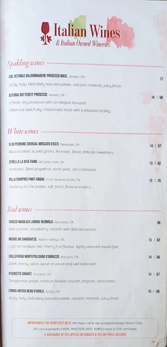 Menu, La Camera, Italian Restaurant