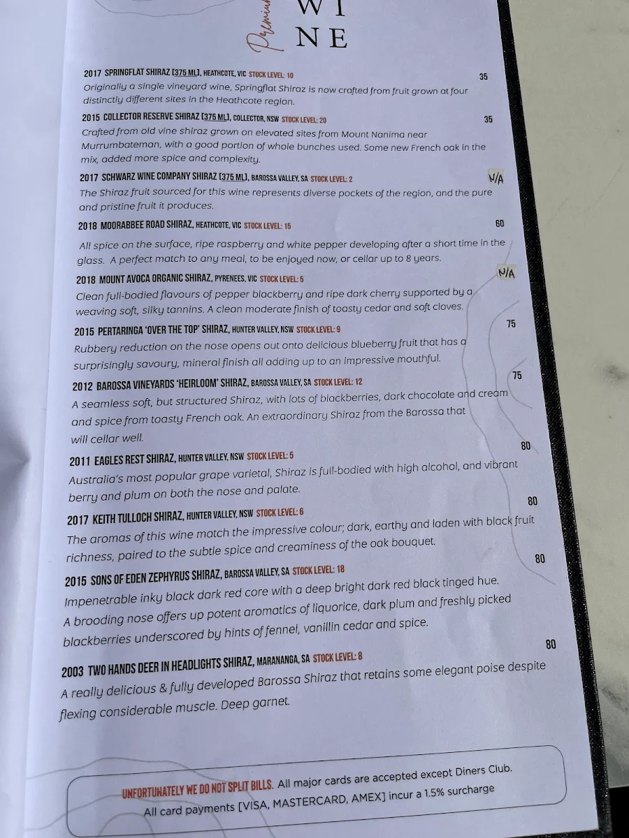 Menu, La Camera, Italian Restaurant