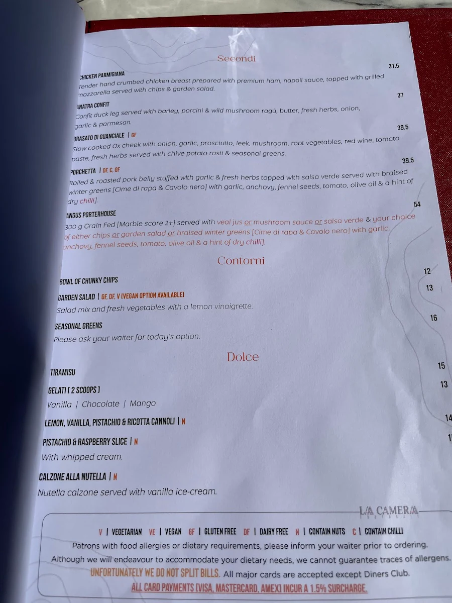 Menu, La Camera, Italian Restaurant