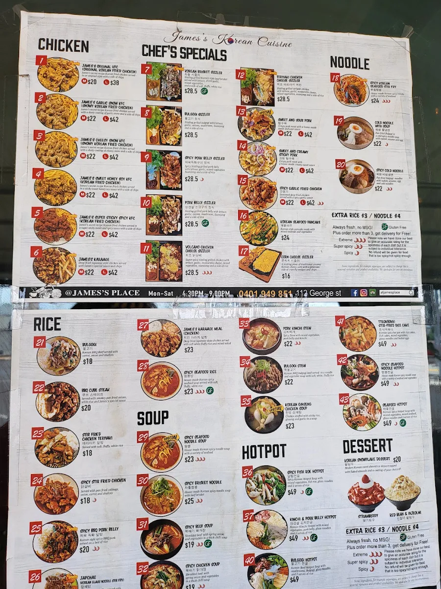 Menu, @ James's Place