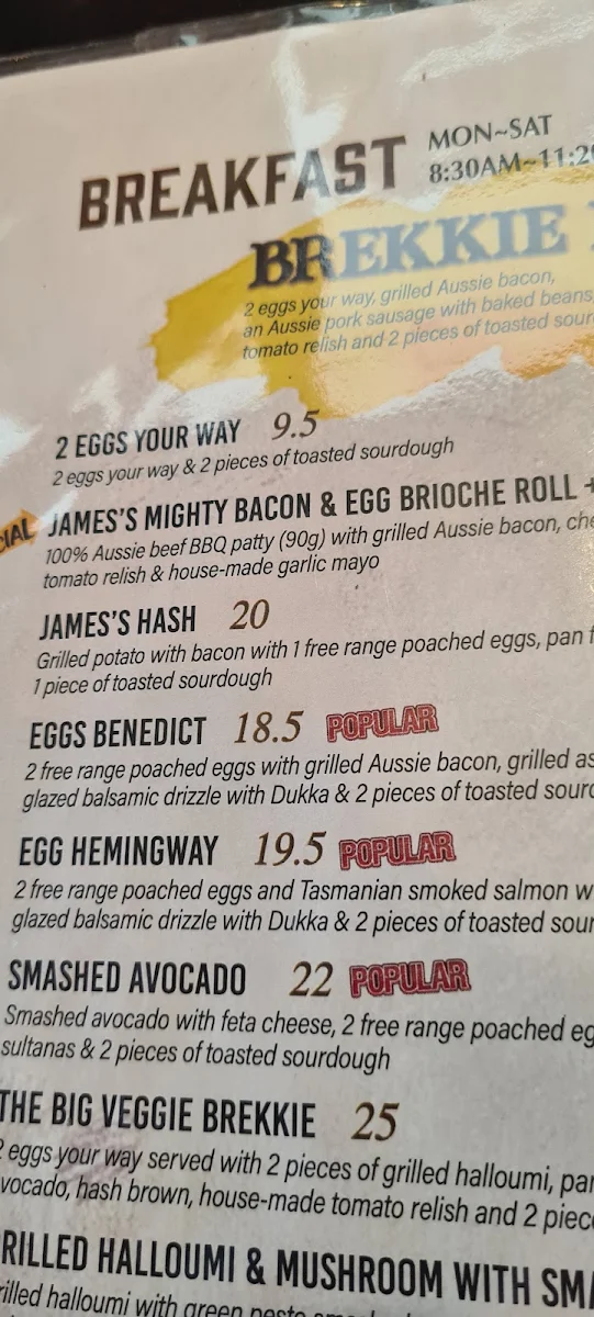 Menu, @ James's Place