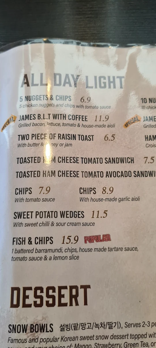 Menu, @ James's Place