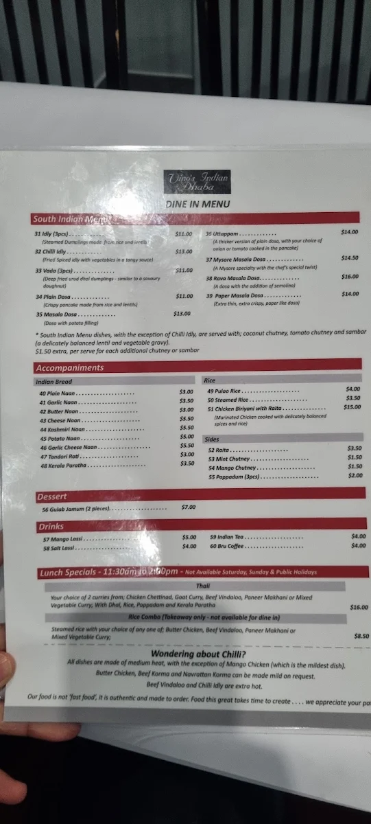 Menu, Vino's Indian Dhaba