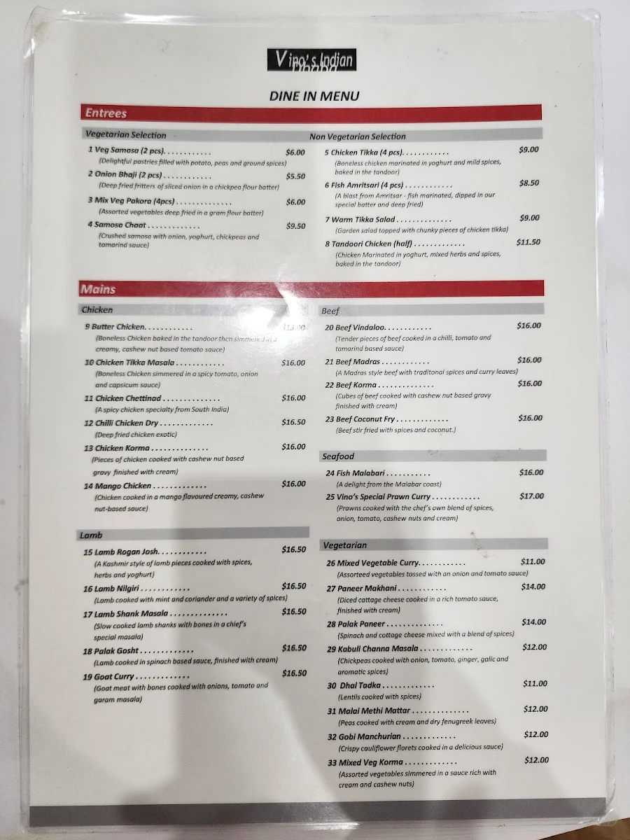 Menu, Vino's Indian Dhaba