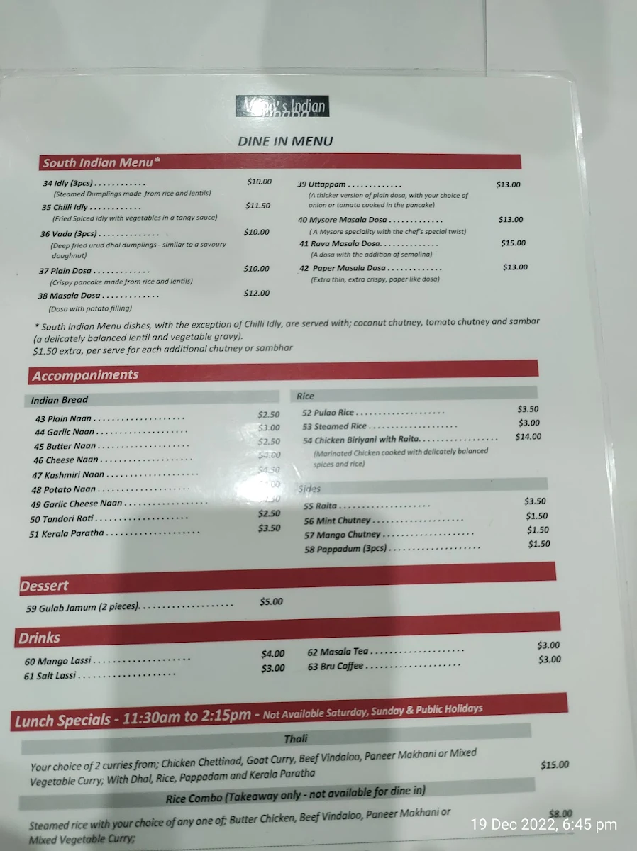 Menu, Vino's Indian Dhaba