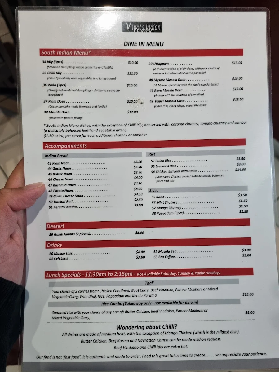 Menu, Vino's Indian Dhaba