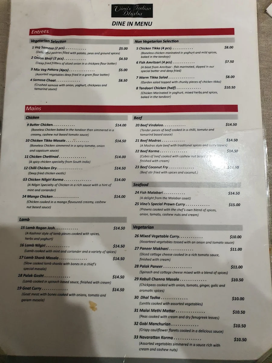 Menu, Vino's Indian Dhaba
