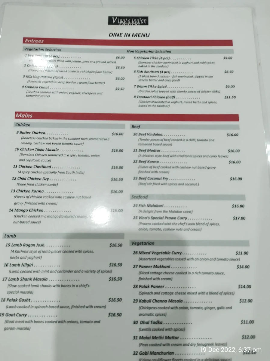 Menu, Vino's Indian Dhaba