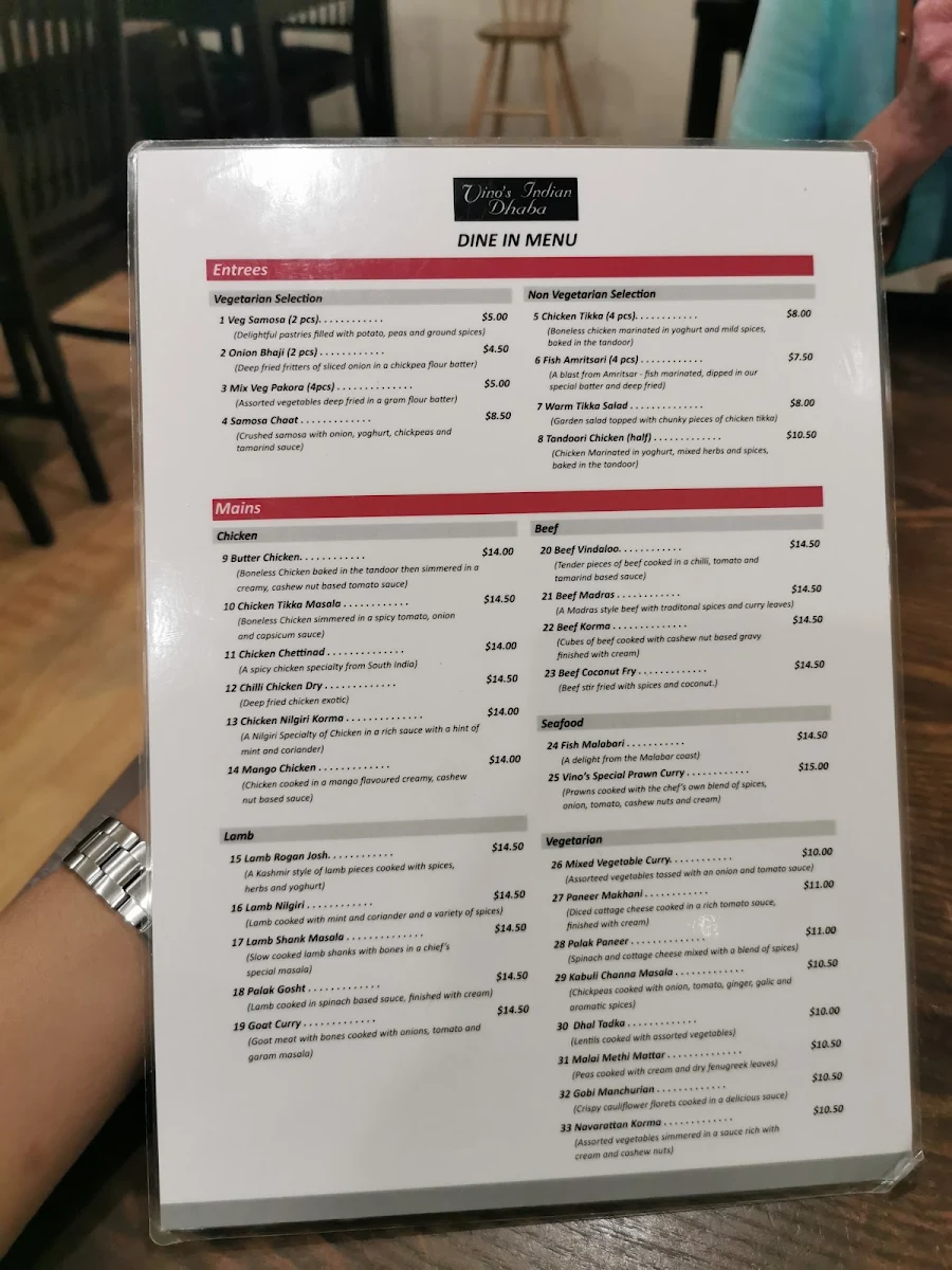Menu, Vino's Indian Dhaba