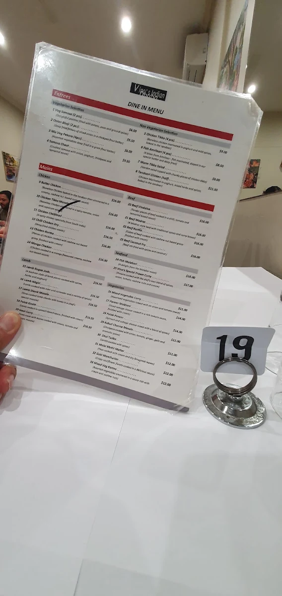 Menu, Vino's Indian Dhaba