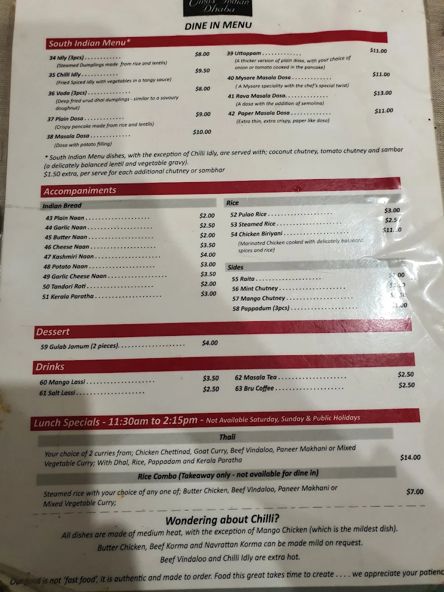 Menu, Vino's Indian Dhaba