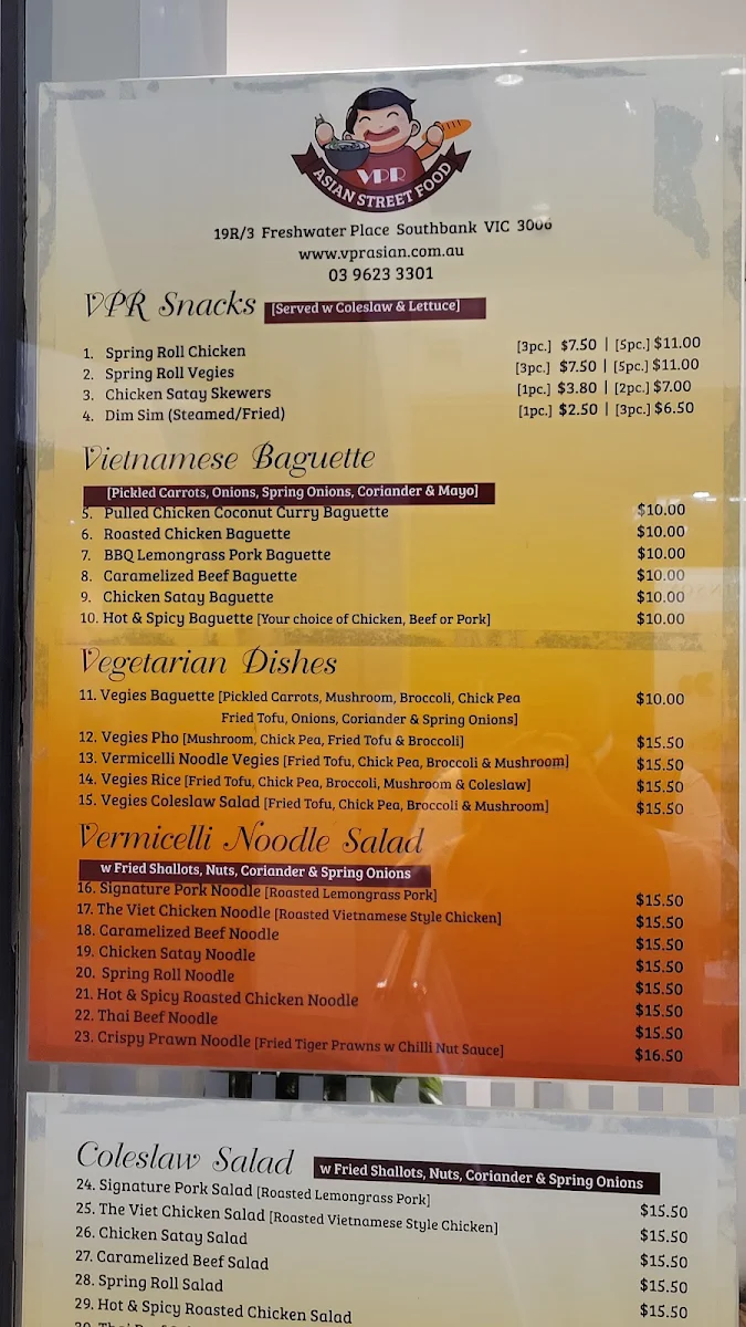 Menu, VPR Asian Street Food