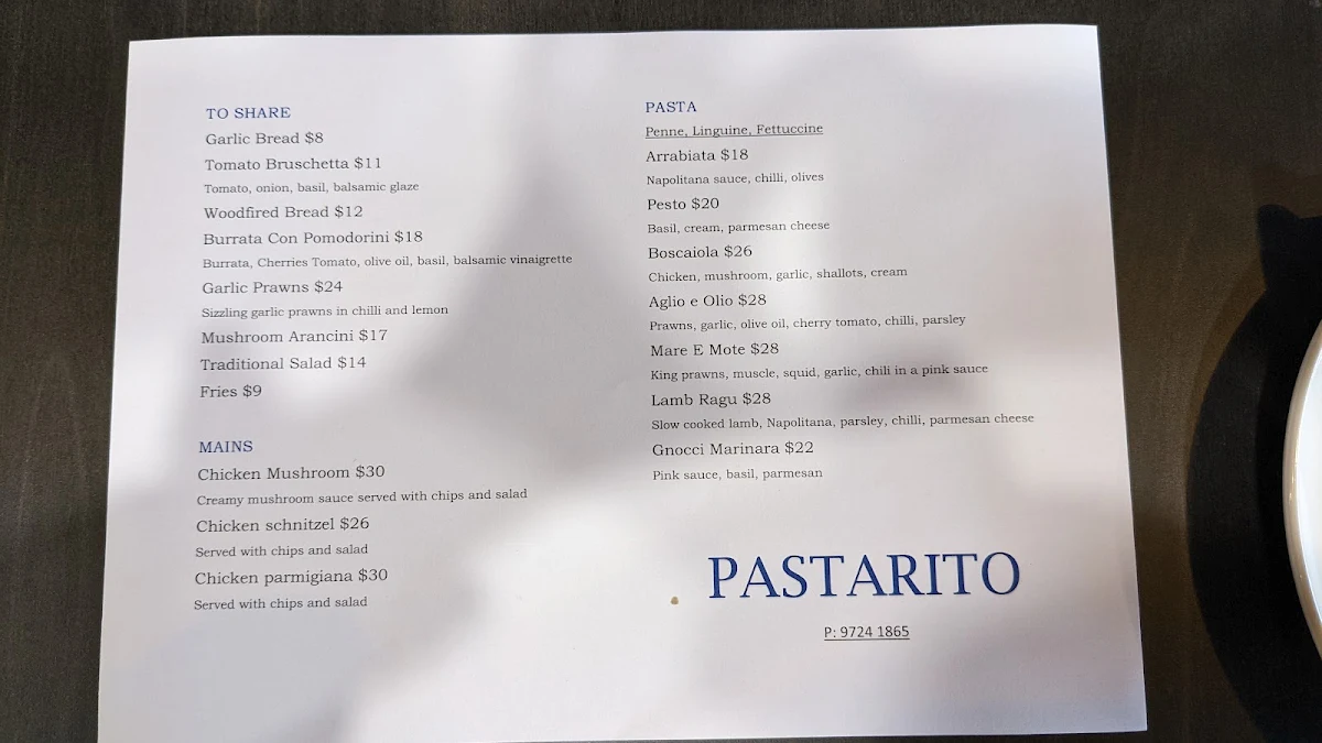 Menu, Pastarito