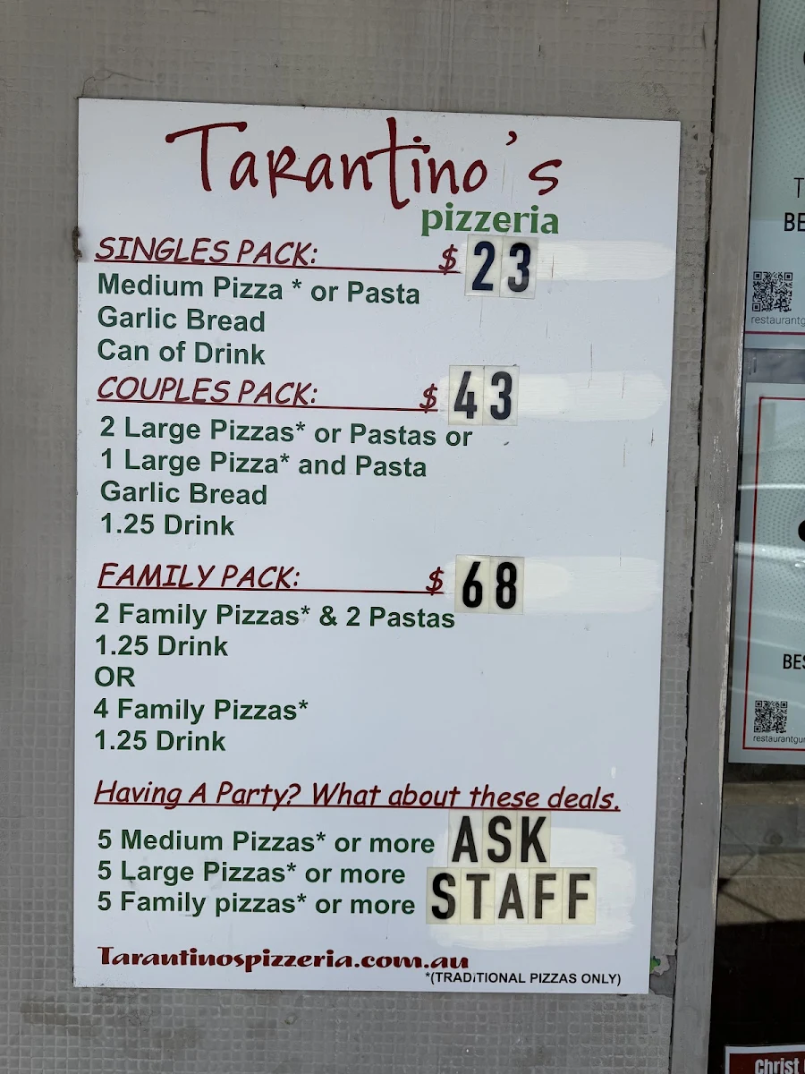 Menu, Tarantino's Pizzeria