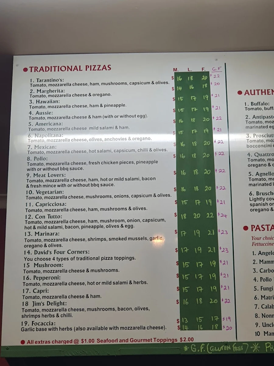 Menu, Tarantino's Pizzeria