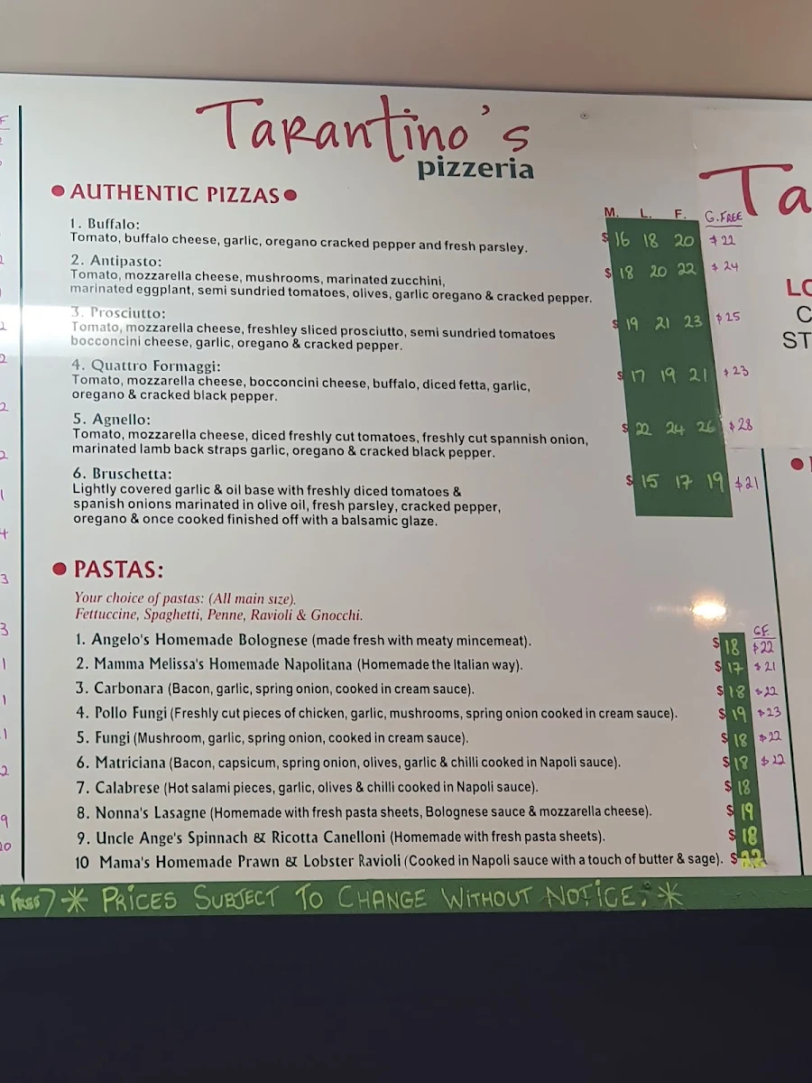 Menu, Tarantino's Pizzeria