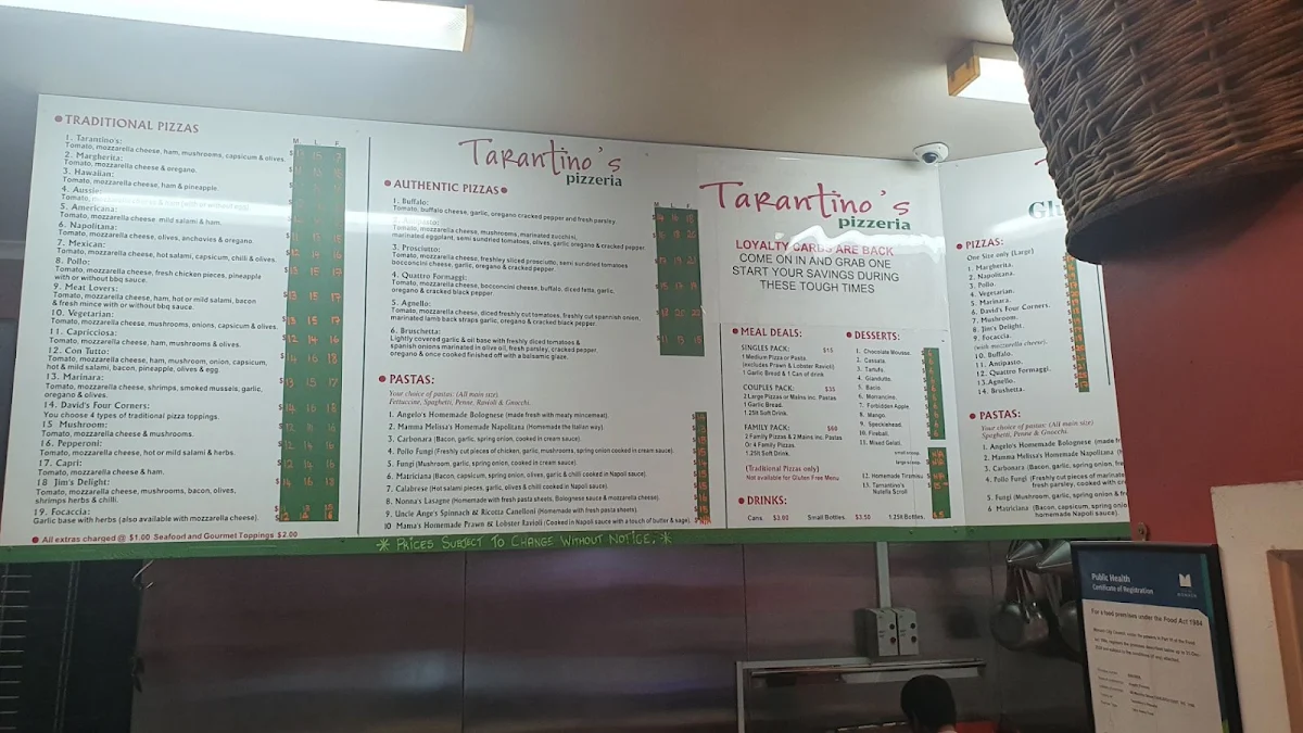 Menu, Tarantino's Pizzeria