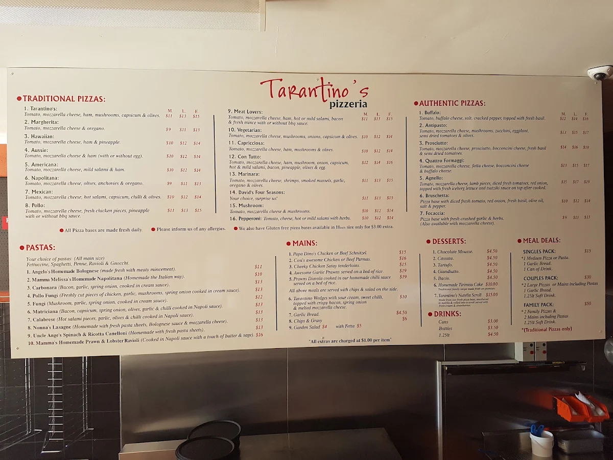 Menu, Tarantino's Pizzeria