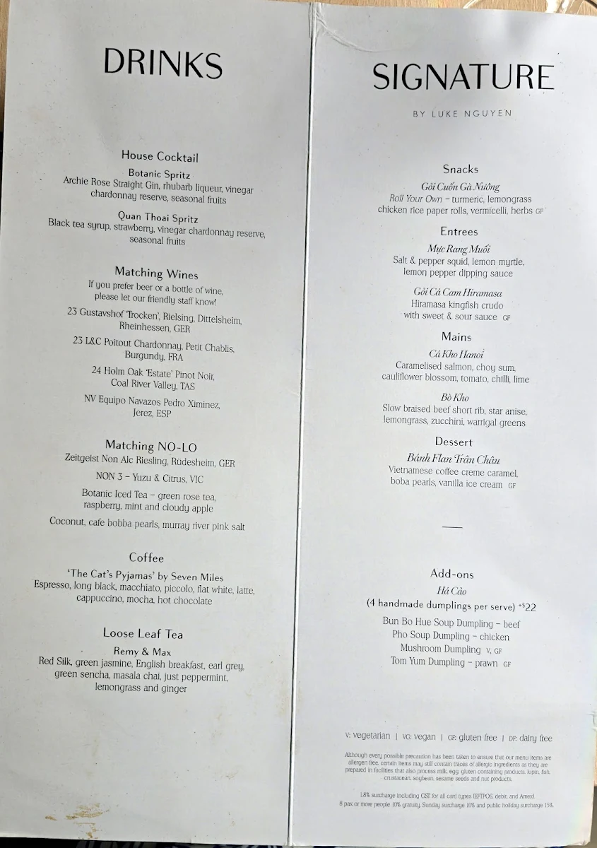 Menu, Botanic House