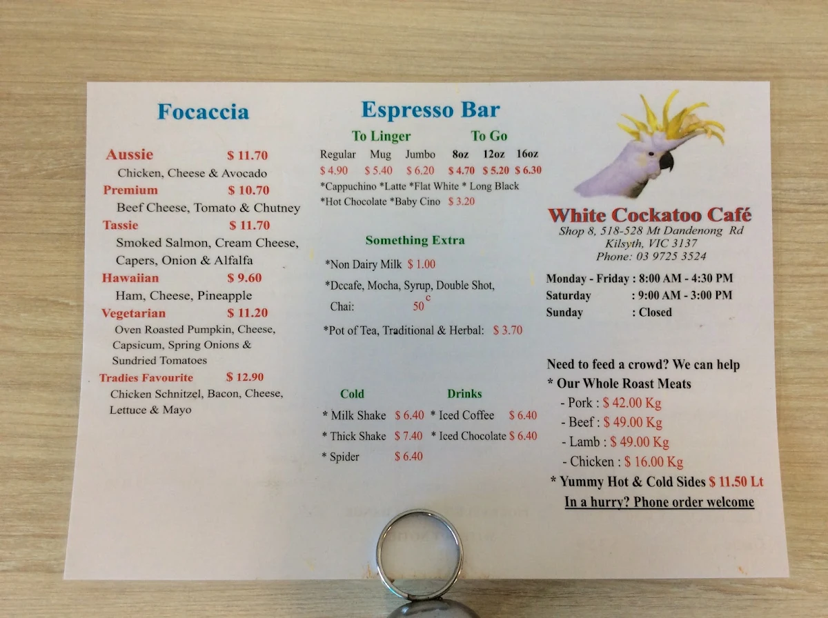 Menu, White Cockatoo Cafe
