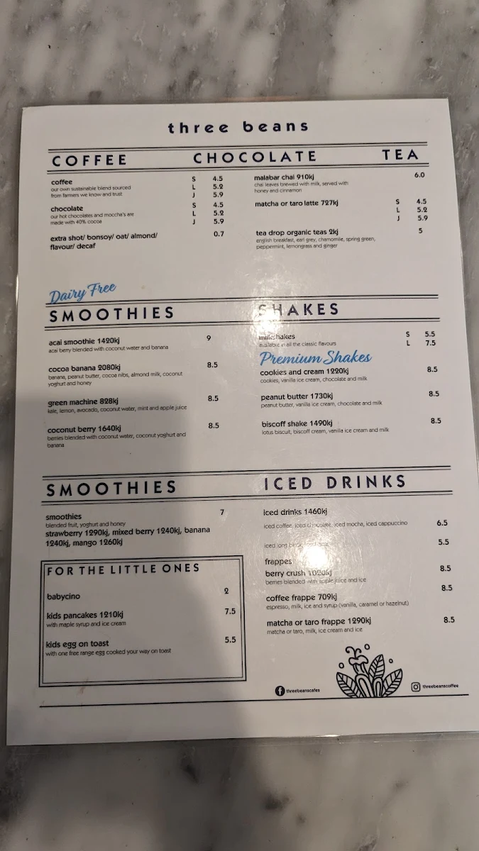 Menu, Three Beans Rhodes Waterside