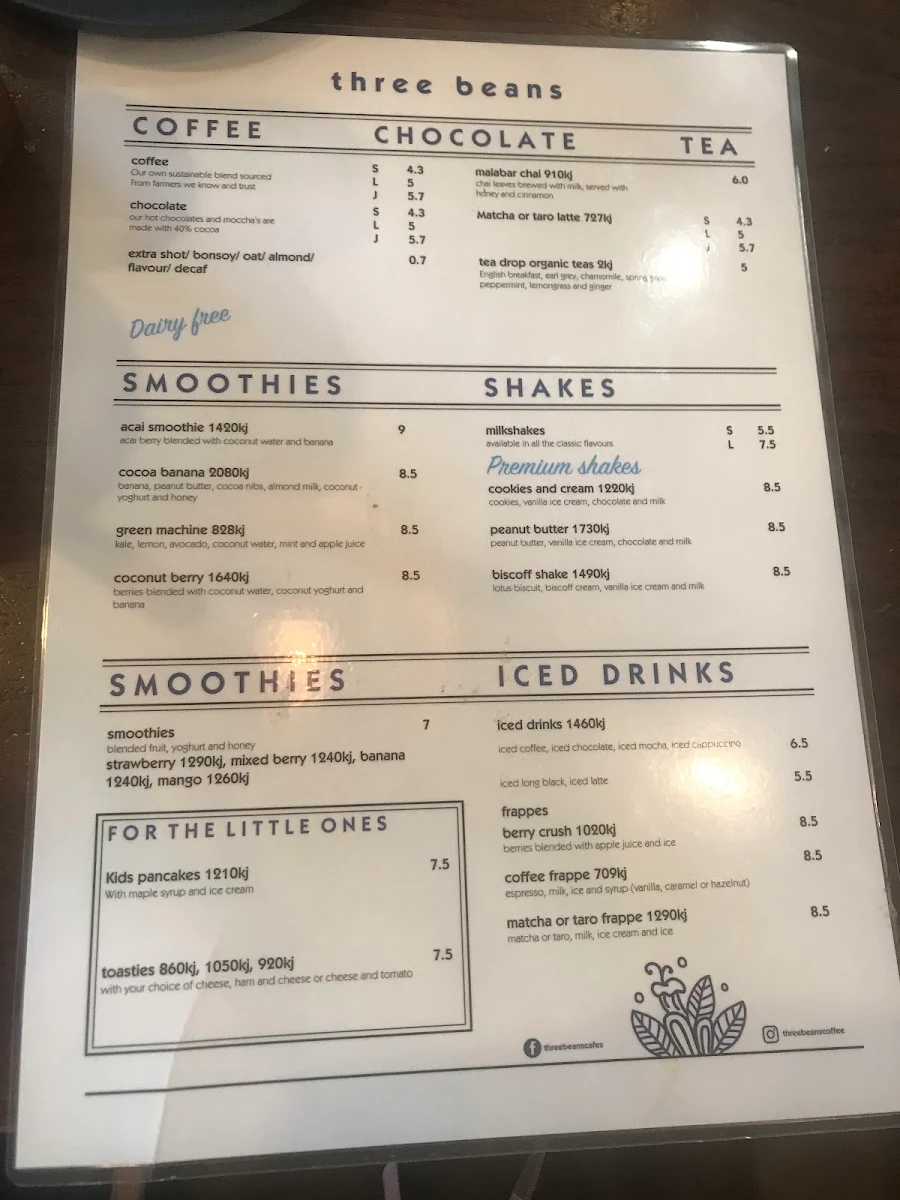 Menu, Three Beans Rhodes Waterside
