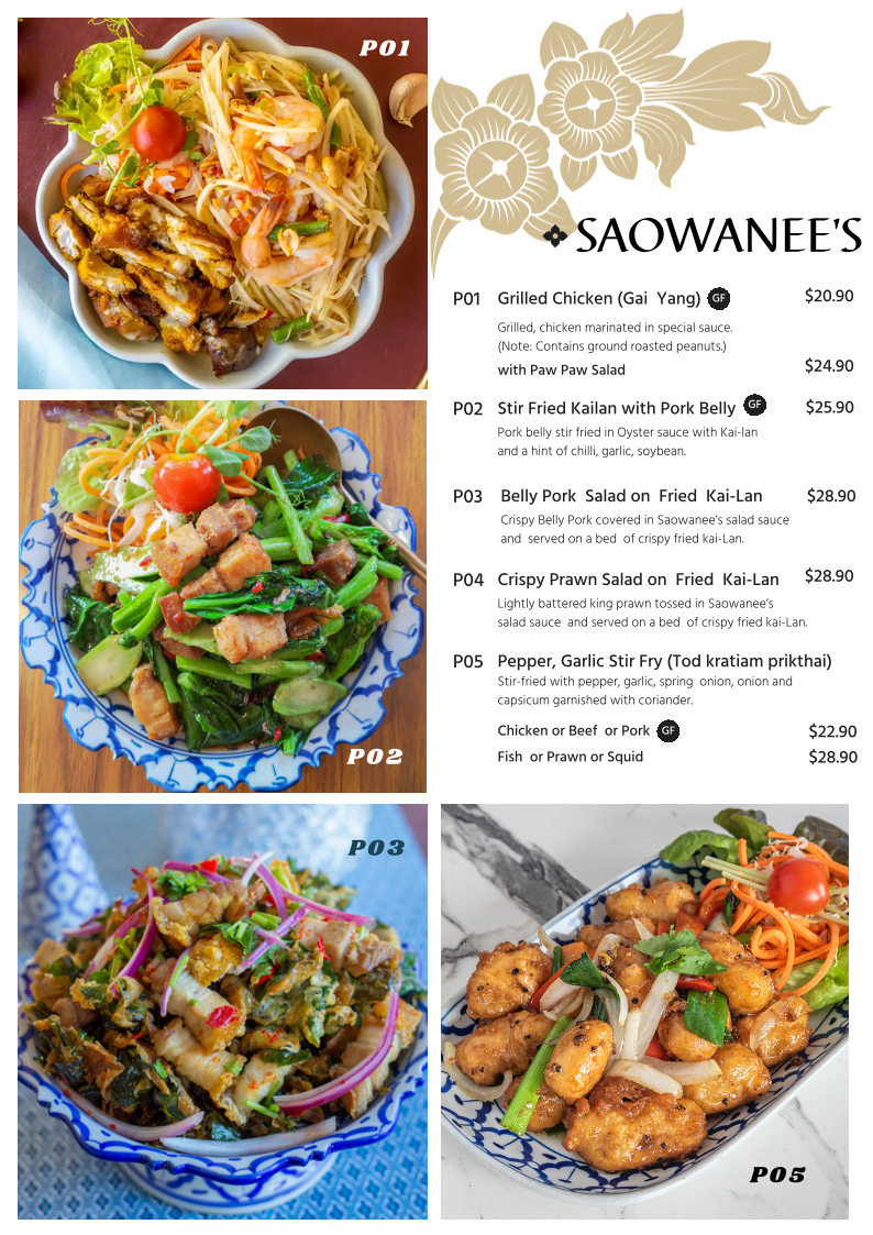 Menu, Saowanee's Place Thai Restaurant