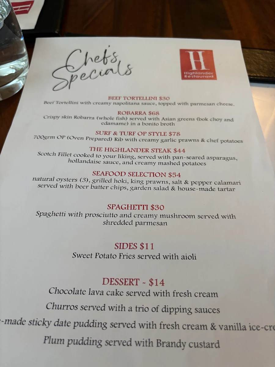 Menu, Highlander Restaurant