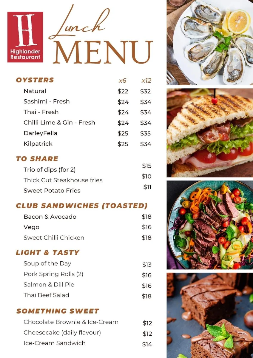 Menu, Highlander Restaurant