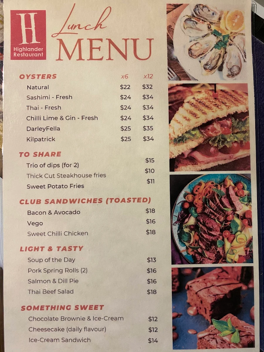 Menu, Highlander Restaurant