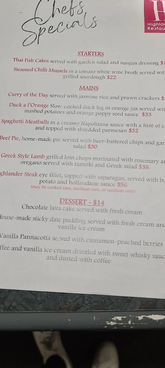 Menu, Highlander Restaurant