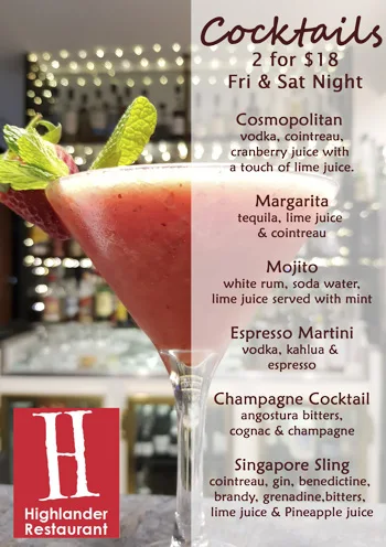 Menu, Highlander Restaurant