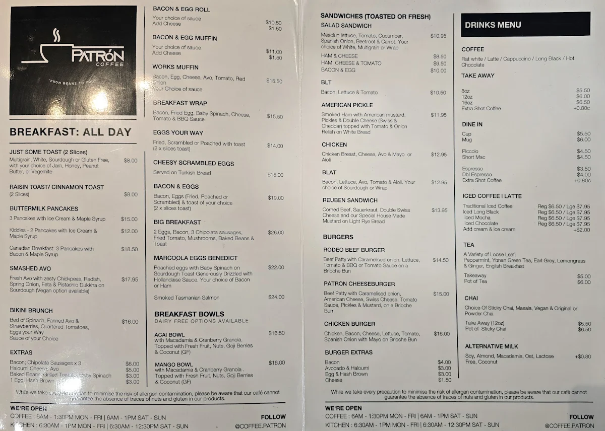 Menu, Patrón Coffee