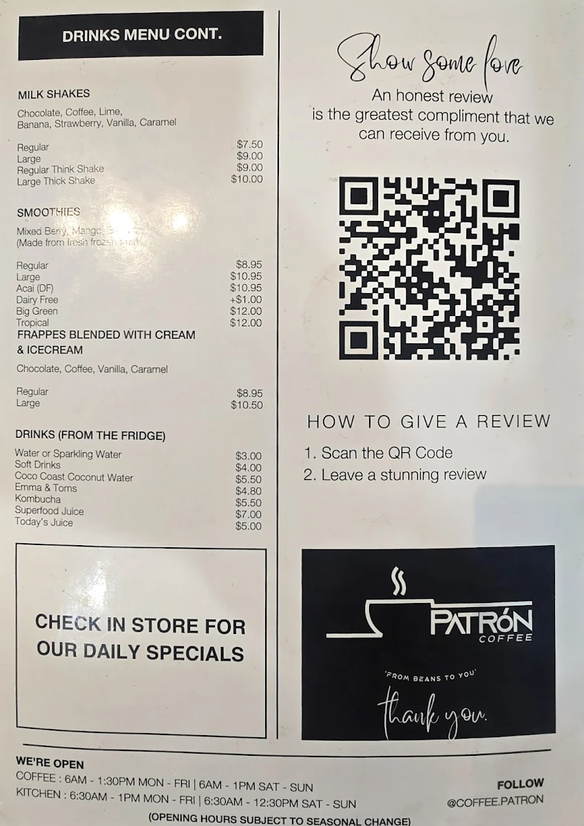 Menu, Patrón Coffee