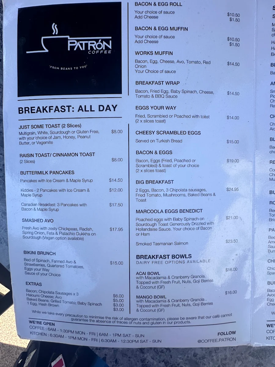 Menu, Patrón Coffee
