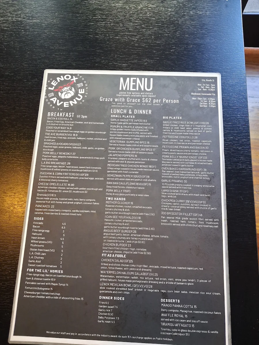 Menu, Lenox Avenue Rundle Street